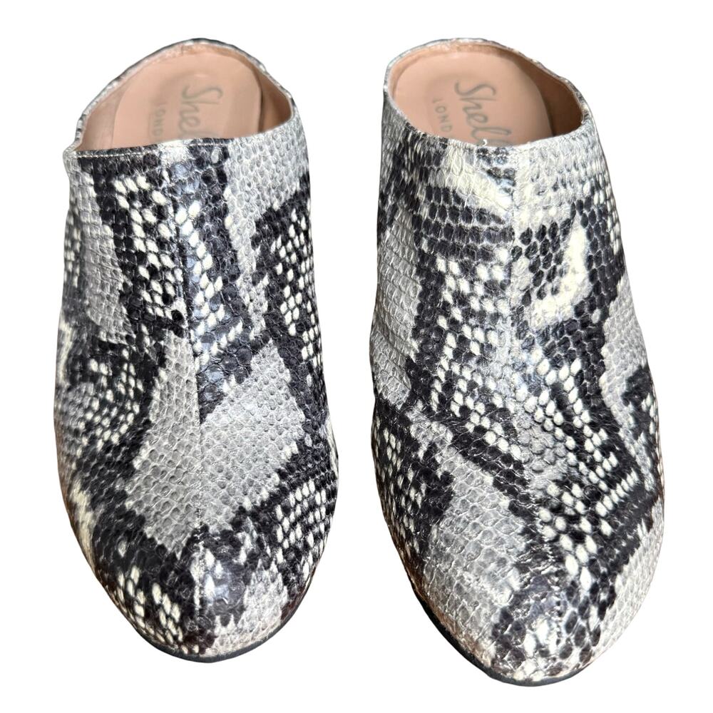 Shellys Snake Print Leather Clogs US 7.5 Chunky Block Heel Mob Wife 70s Vibe SEE - Picture 2 of 14